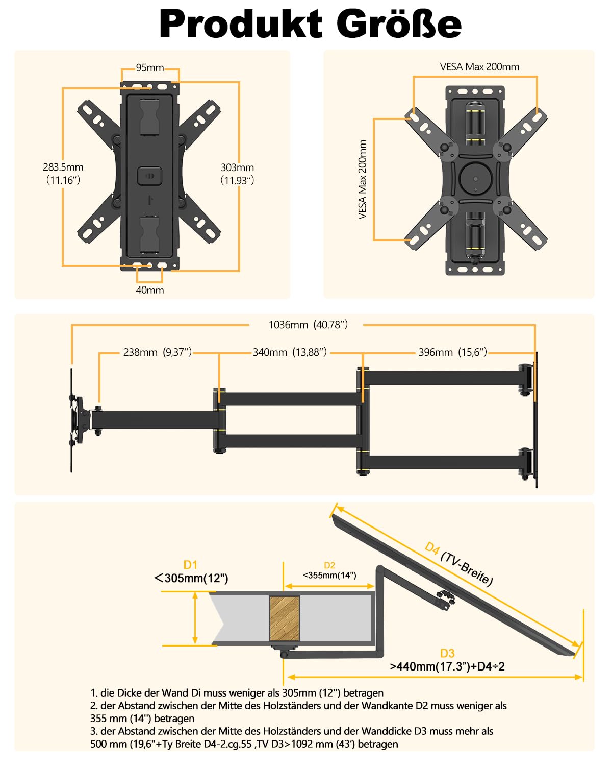 TV Wandhalterung mit 1036mm Langem Arm WHYFONE 180° Drehung Fernseher Wandhalterung Schwenkbar Ecke TV Halterung für 13-43 Zoll Flach & Curved Fernseher oder Monitor bis 25kg, max. VESA 200x200mm