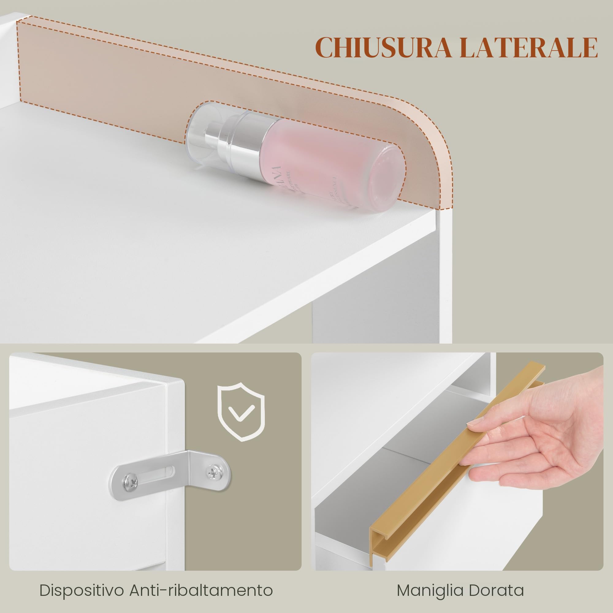 HEXCELEN Mobile da Bagno, Armadietto Autoportante, con 4 Cassetto e Ripiano Regolabile, Armadietto da Salvaspazio con Cassetto Spazioso, per Bagno, Soggiorno, Corridoio, Bianco-Oro, 30x80x110cm