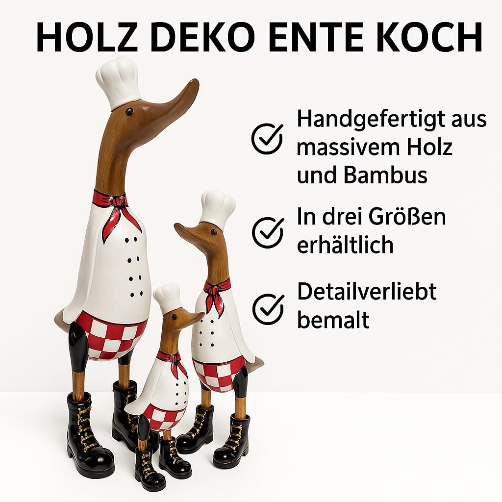 Kinaree Dekoracyjna kaczka z drewna – ręcznie rzeźbiona w stroju kucharskim – figurka kuchenna z czapką i fartuchem – zabawna figurka drewniana jako prezent lub dekoracja kuchni, jak również do
