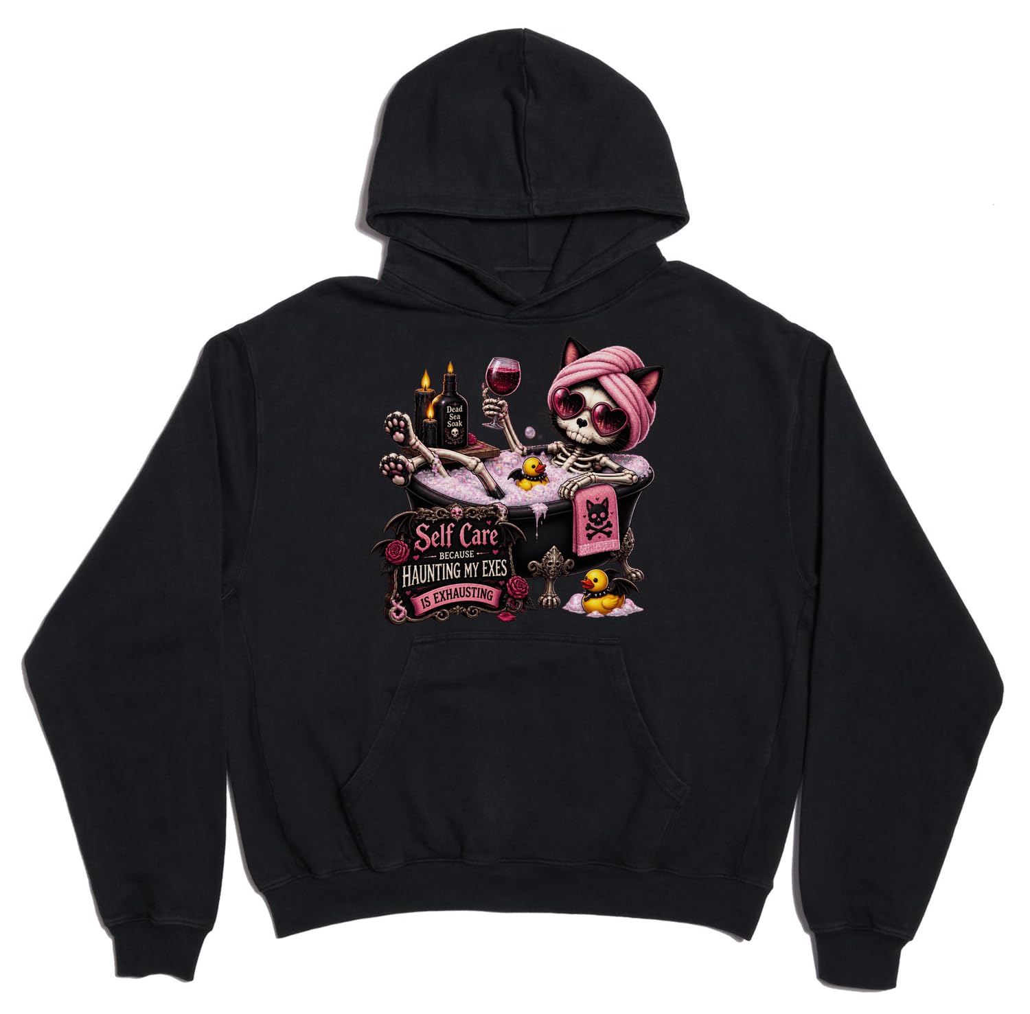 Szkielet kot relaks w wannie scena unisex oversize ciężka mieszanka bawełny bluza z kapturem czarna