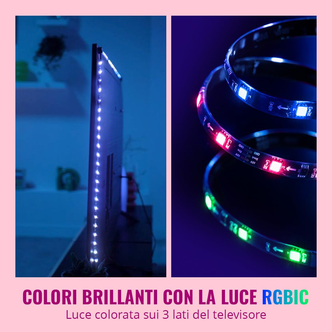 WiZ HDMI Sync Box con retroilluminazione TV, sincronizza la luce con film, giochi e musica, HDMI 2.0, Striscia LED RGBIC per TV da 75-85 pollici, controllo con App, compatibile con Google e Alexa