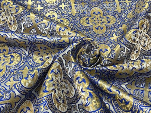 Tissu brocart VESTMENT bleu doré brocarts liturgiques de grande largeur BRO950 au mètre