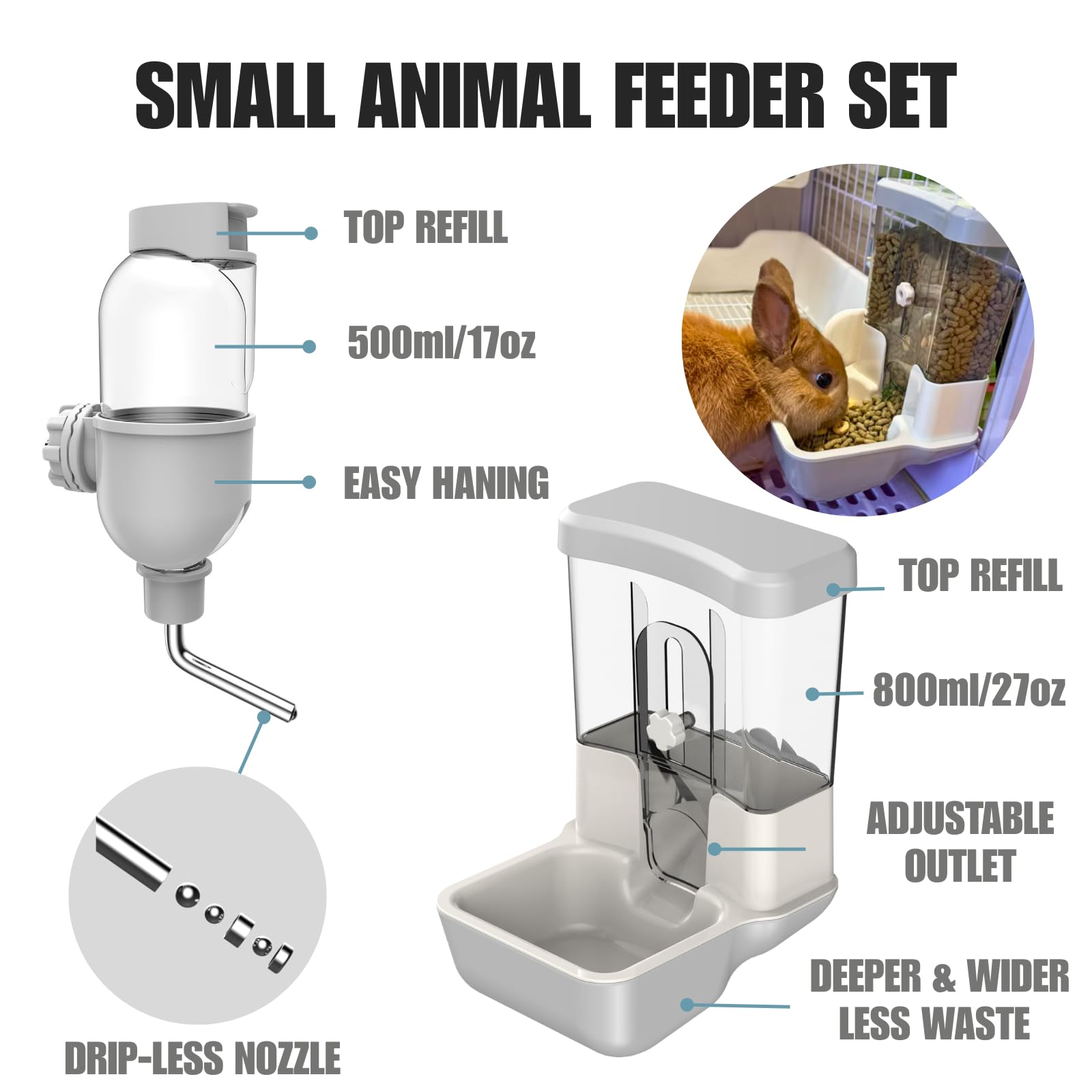 Dispensador Automático de Comida y Agua para Mascotas, Juego de Bebedero de Gravedad para Jaulas de Perros, Gatos, Conejos, Cobayas, Chinchillas, Hurones, Erizos (Azul)