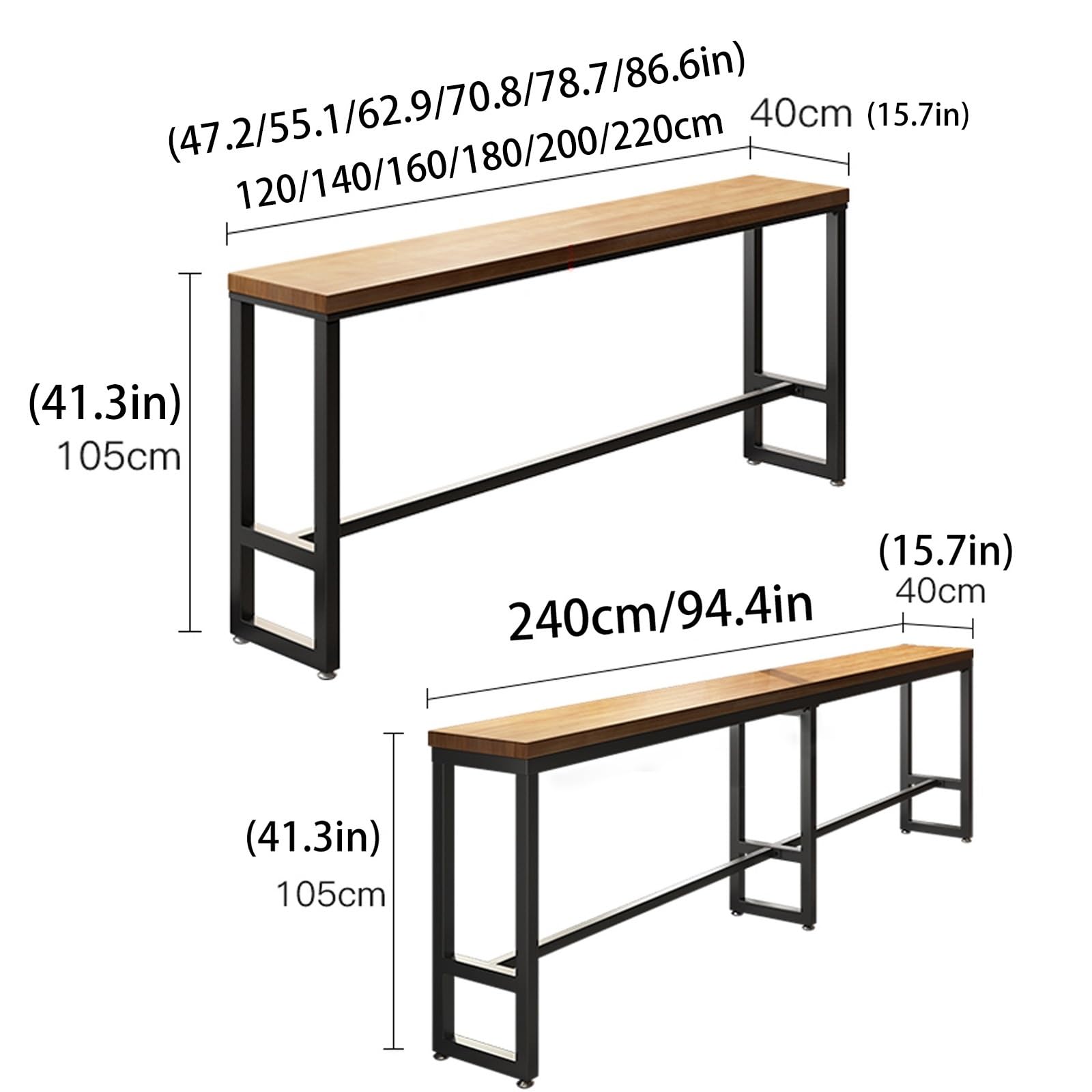 Tavolo da bar moderno industriale in legno massello, rettangolare, altezza bancone, tavolino stretto (160 cm) per cucina, pub o sala da pranzo