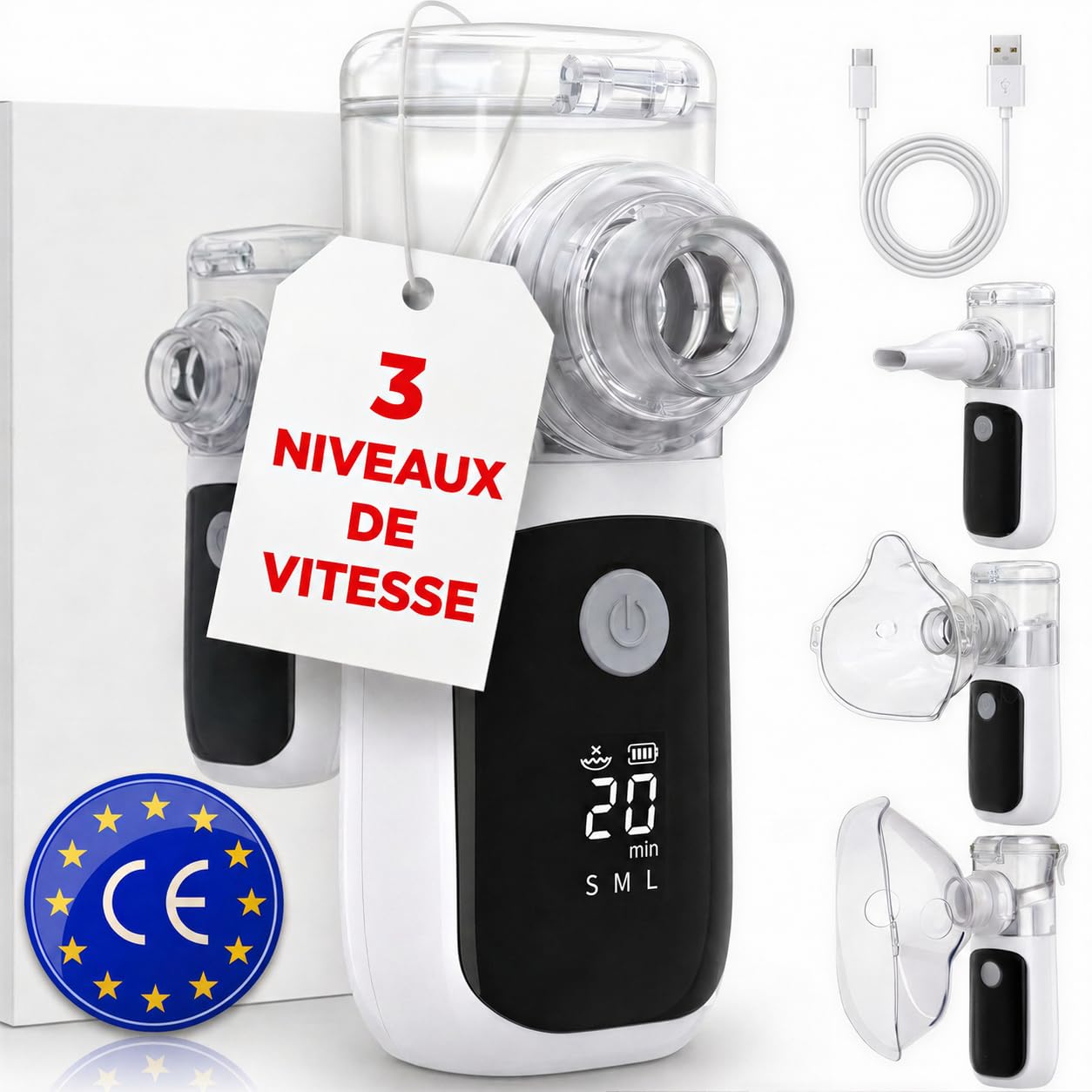 Medicinadellavoro.com - Nebulisateur Portable Silencieux Bebe et Adulte, Inhalateur Rhume Vapeur avec USB-C, Batterie Rechargeable et 2 Masques, Aerosol Medical Adultes Enfants Asthme et Bronchite