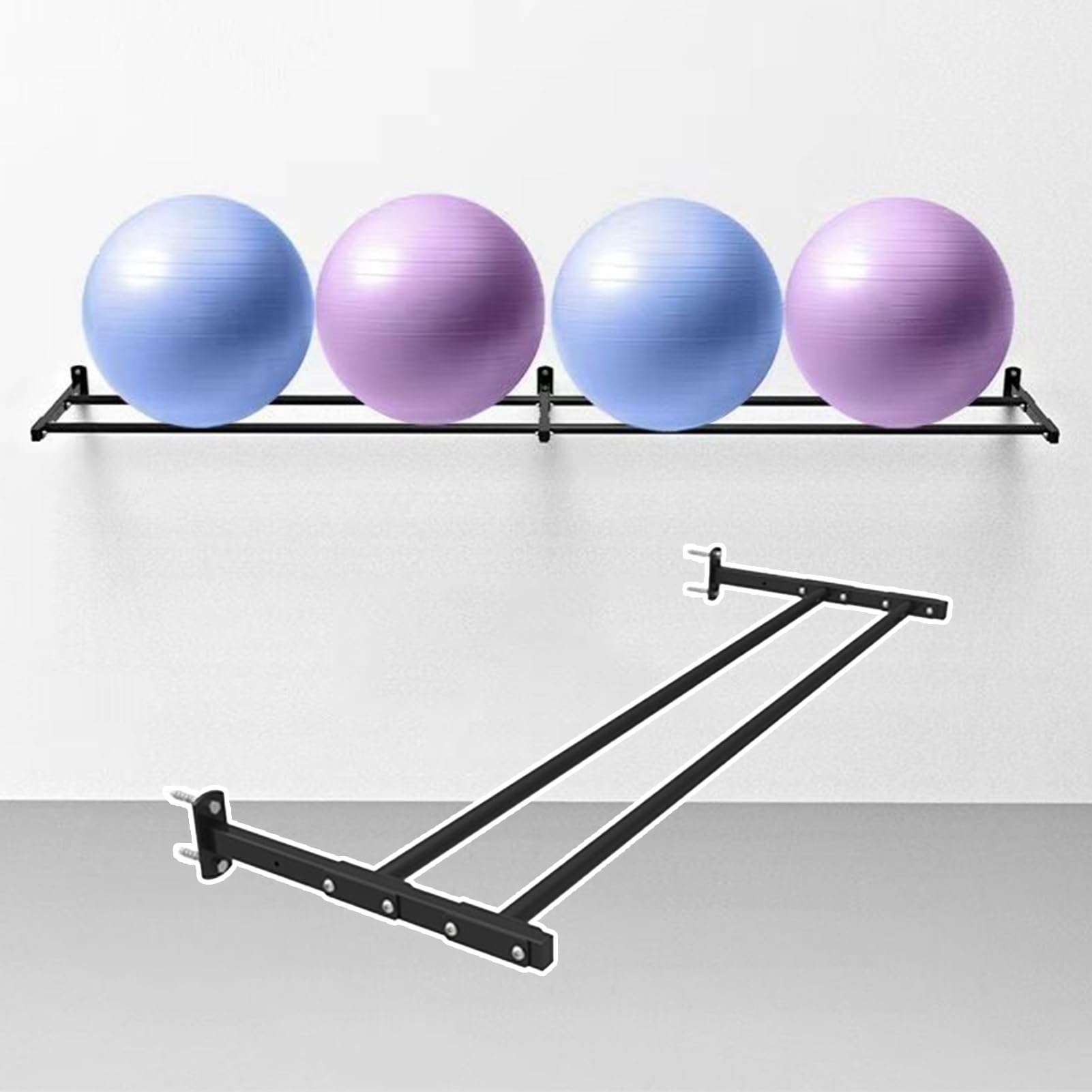 Soporte Estera Yoga Ajustable con Soporte para Pelota de Estabilidad, Metal Sostiene Diferentes Tamaños, Almacenamiento Incluido
