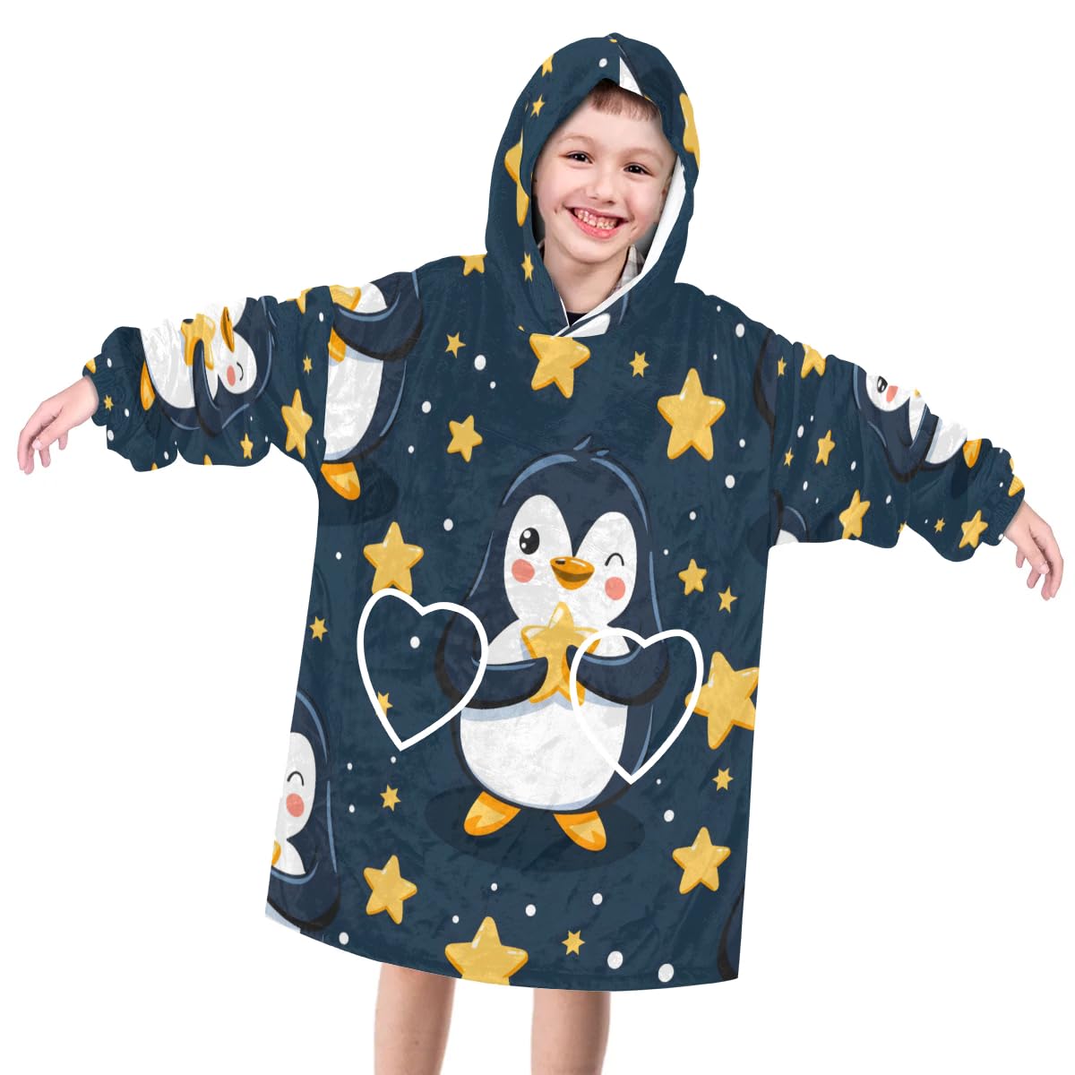 Pardick Wearable Blanket Hoodie for Kids, Cute Penguin Fleece Sweatshirt Blanket Oversized Blanket Sweatshirt with Pocket Flannel Warm Hooded Blanket 6-10 Year Old Girl Boy Gift, One Size