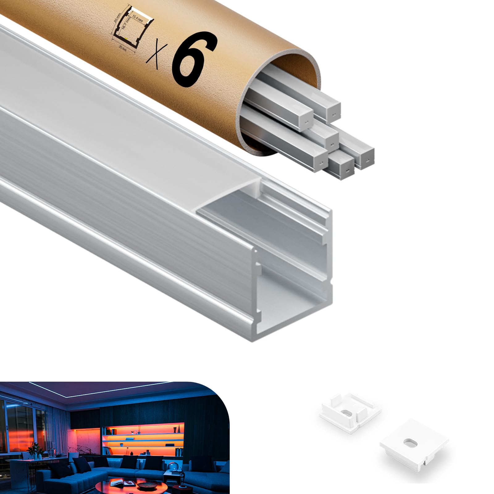 LED Profil 6×2m（12m）Aluminium U-Form mit Milchig Weißer Abdeckung Kanal Diffusor Alu Profil LED leisten Schienen kanalleiste Aluprofil Streifen Profile lichtkanal led strip aluschiene unterputzprofil