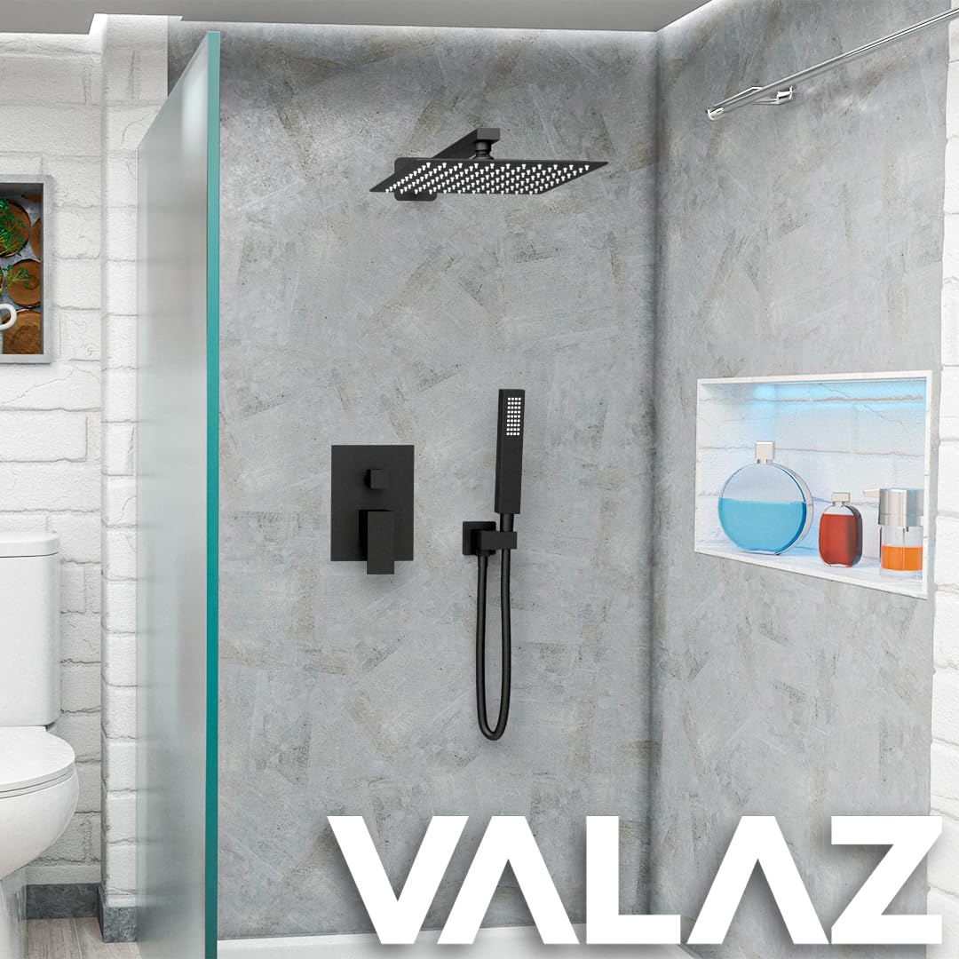 VALAZ Unterputz Duscharmatur Schwarz Matt | Duschsystem mit Regendusche Regeneffekt | 2-Wege-Einhebeldusche, Edelstahl, Kopfbrause 25cm | Schnelle Wandmontage, Elegant, Tajo-serie