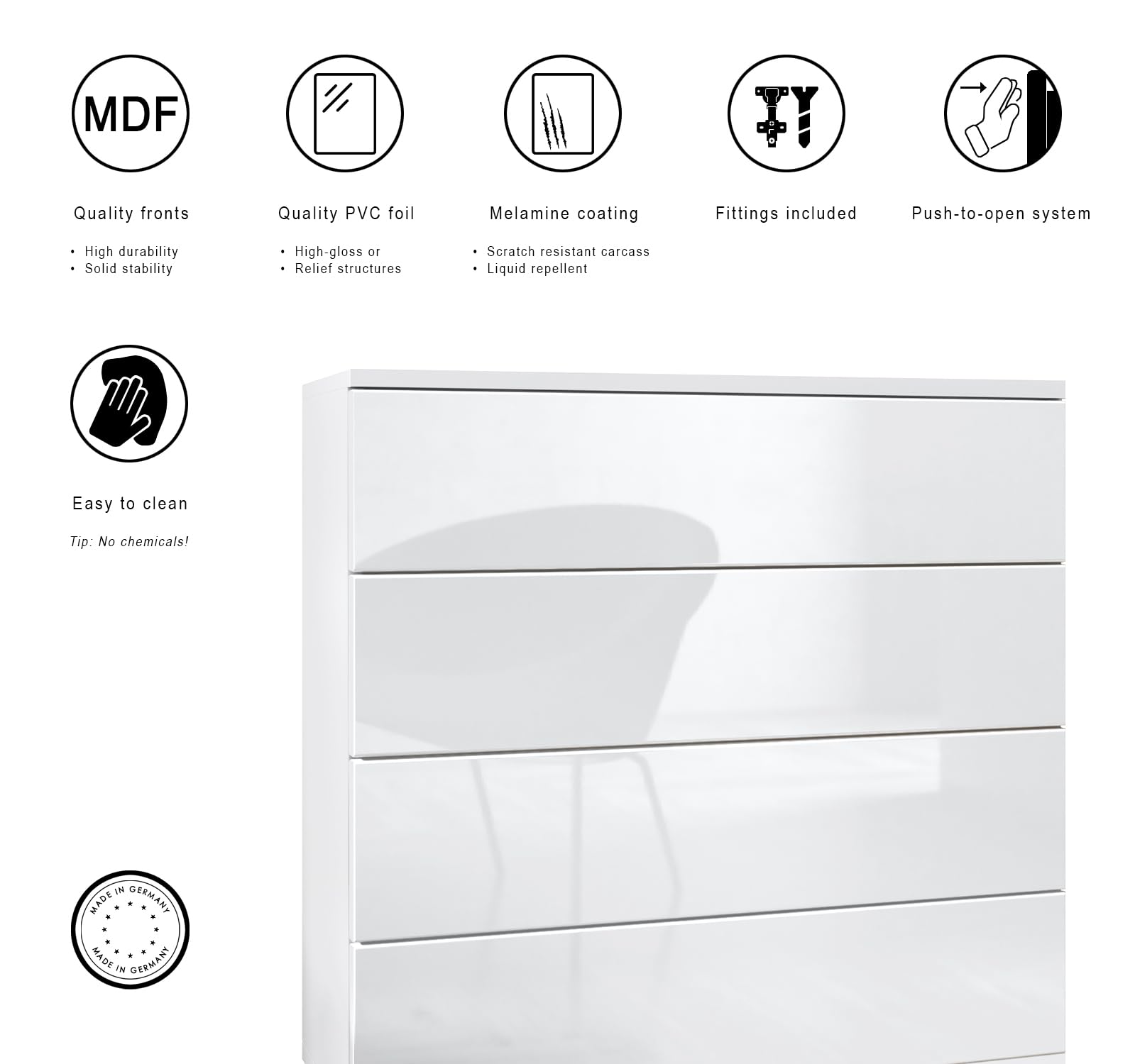 Vladon Kommode Pavos V3, Sideboard mit 4 Schubladen Weiß matt/Weiß Hochglanz (76 x 76 x 35 cm)