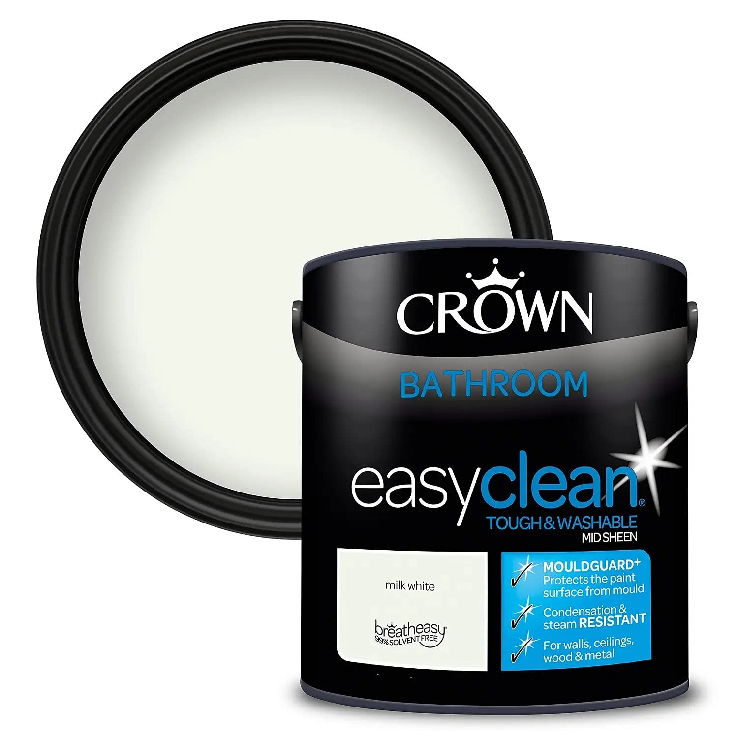 2.5L CROWN Easyclean Bathroom MID-SHEEN Emulsion Multi Surface Paint With MOULDGUARD+ That can be Used on Walls, Ceilings, Wood and Metal. Stain & Scrub Resistant Formula – Milk White