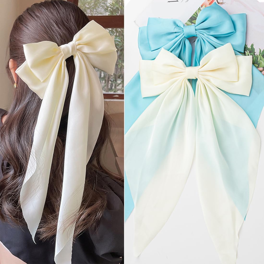 2 PCS Silky Satin Hair Bows, Ribbon for Women, Oversized Long Tail Cute Aesthetic Accessories (Beige and Sky Blue)