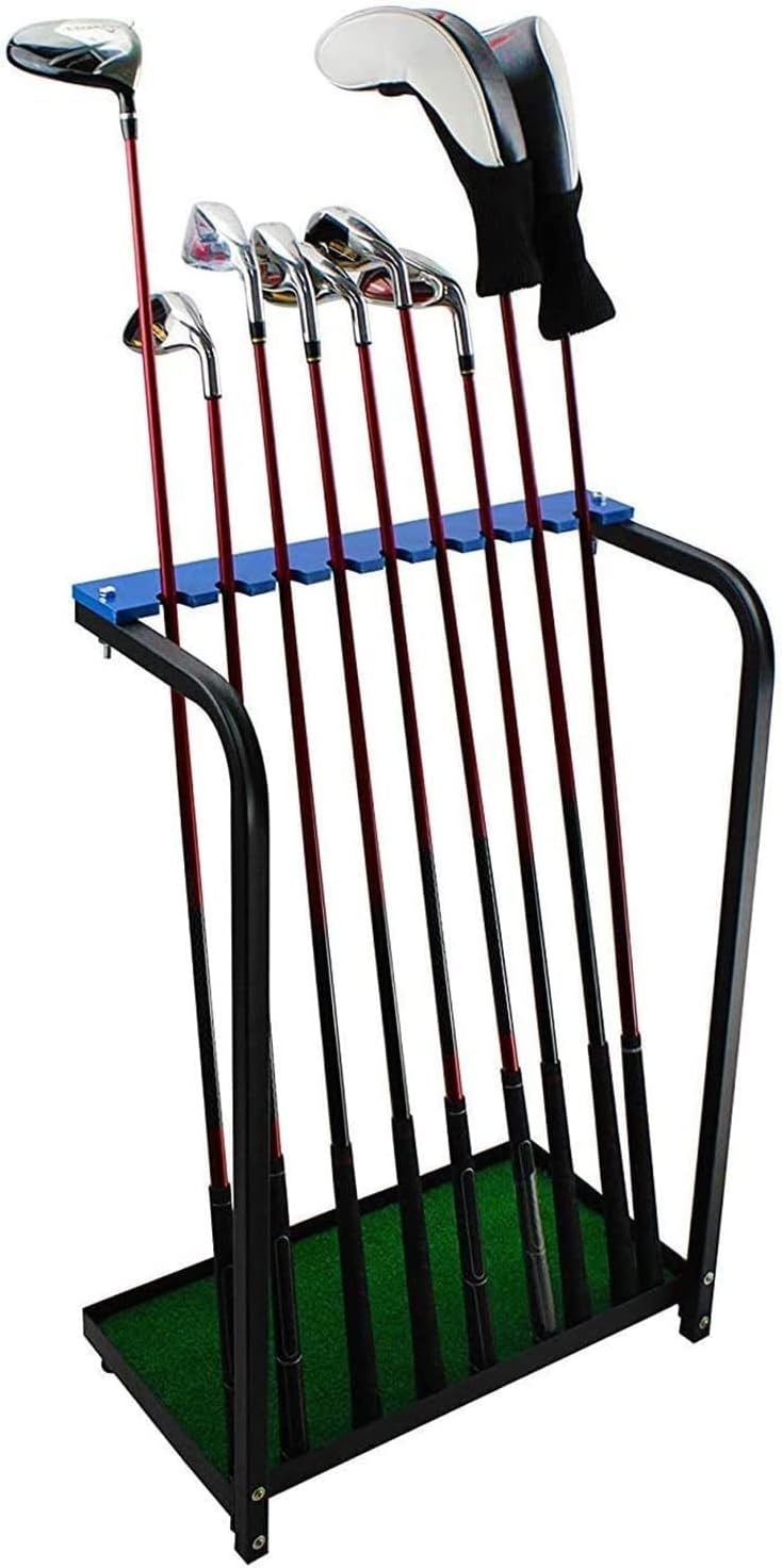 Katzowen Practice Mat Golf Club Organizers Display Stand, 9 Holes Wooden Golf Club Organizer Shelf Equipment Putter Holder for Golf Club, Blue/Green