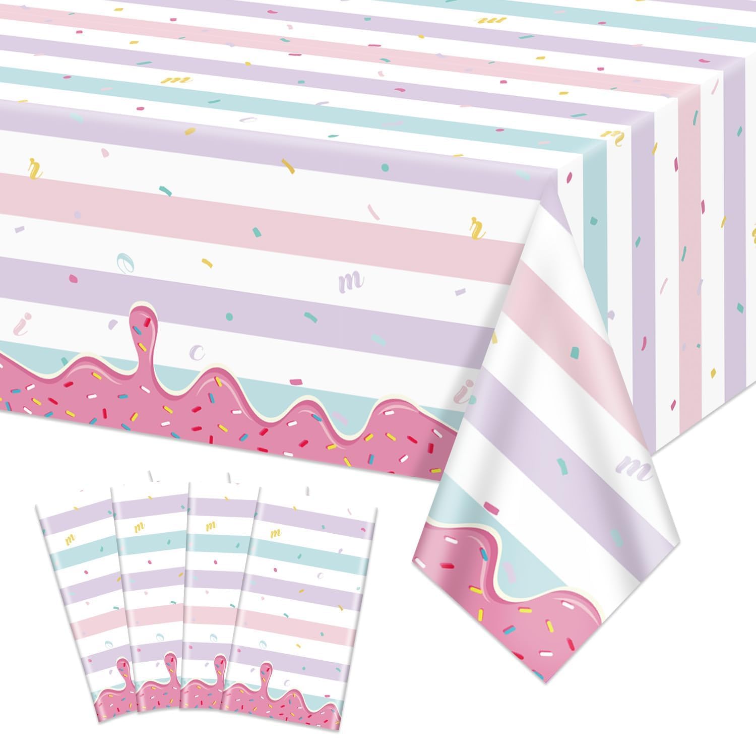 4 Pack Ice Cream Tablecloths, Disposable Birthday Tablecloths | 51 X 86 Inch, PE Material, for Sweet One Birthday Party Decorations Baby Shower Donut Themed Two Sweet Birthday Decorations