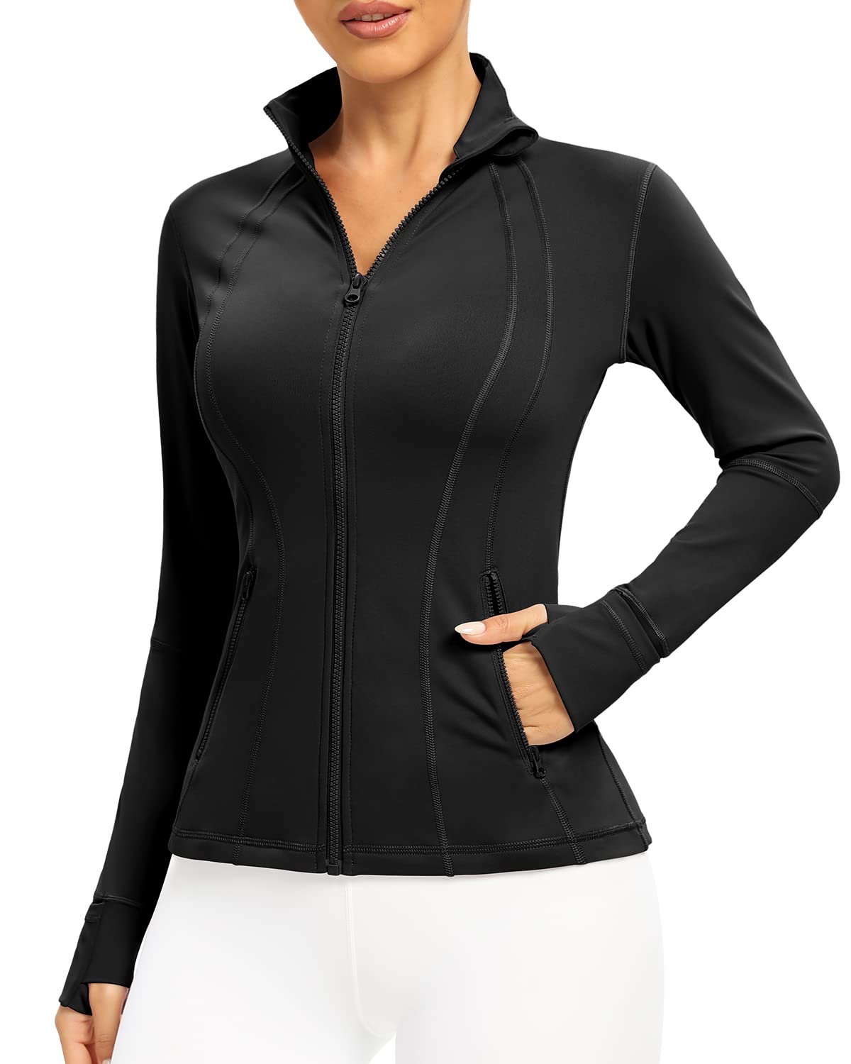 QUEENIEKEWomen's Slim Fit Running Jackets - Long Sleeves Athletic Workout Gym Tops with Back Mesh Vent & Thumb Holes