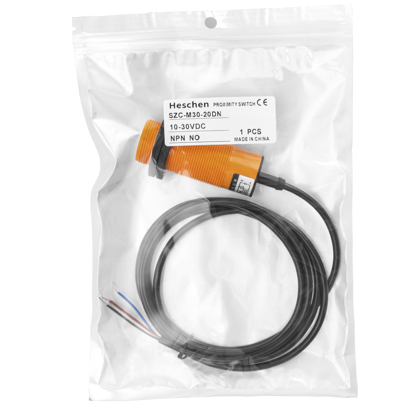 Heschen Pojemnościowy czujnik zbliżeniowy M30, SZC-M30-20DN, odległość wykrywania 1-20 mm, 10-30 V DC, 200 mA, 3-przewodowy nr