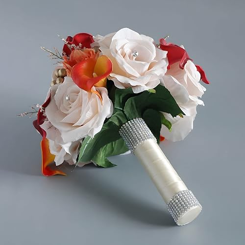 Miniatura 6 de Ramo de boda de lirio de cala rosa de 9.4 pulgadas, naranja champán, novia, dama de honor, celebración de lanzamiento, tiro de flores, diamantes de