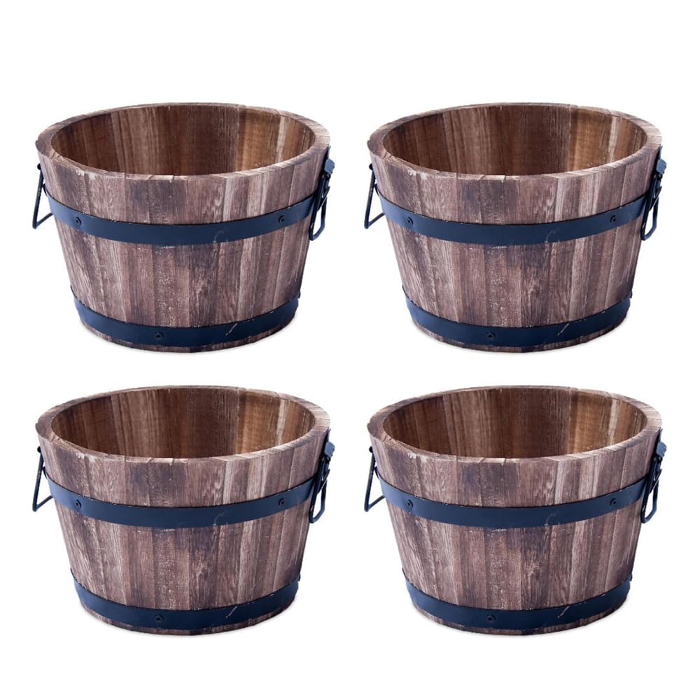 Shopior Pack Of 4 Rustic Round Burnt Wood Whiskey Barrel Planter – Outdoor Wooden Garden Plant Pot With Handles – Weatherproof Flower Tub With Drainage – Decorative Patio & Balcony Planter (30Cm 12Inch 4Pack)