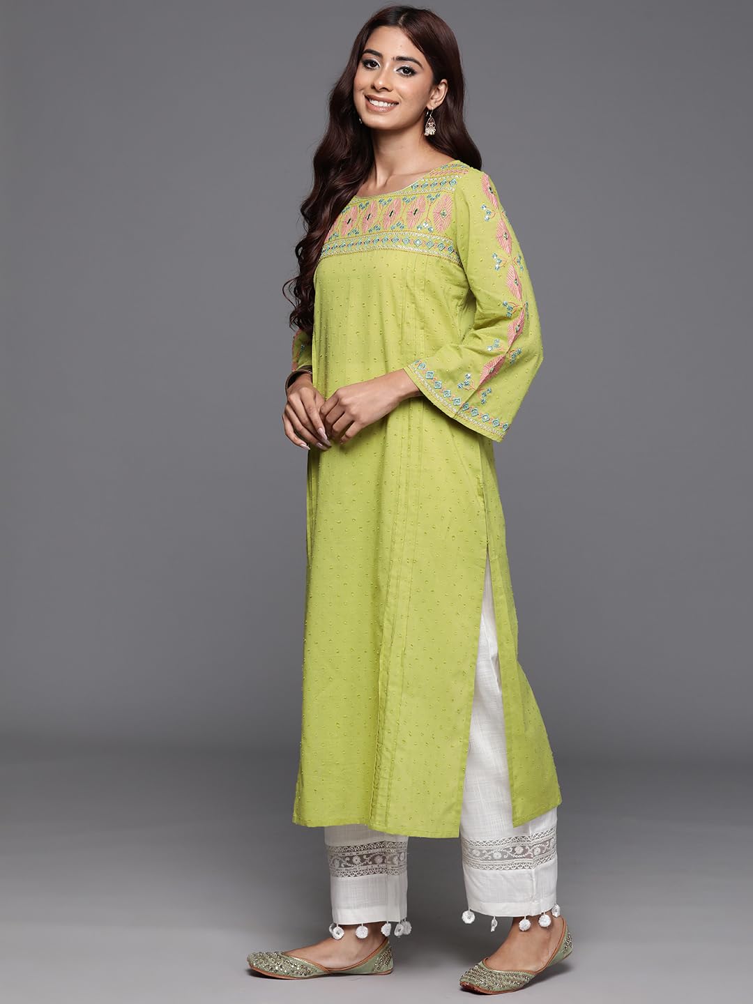 Varanga Women Lime Green Embellished Round Neck Straight Kurta, Thread & Sequins Work, Flared Sleeve, Side Slit, Stylish & Comfortable Ethnic Wear (Extra Large)