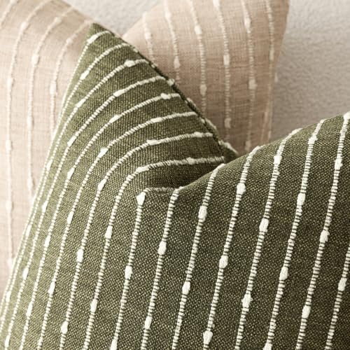 Image of Foindtower Pack of 2 Decorative Jacquard Boucle Throw Pillow Covers Accent Textured Striped Pillowcases Cozy Modern Cushion for Couch Sofa Bedroom Living Room Home Decor 18x18 Inch Olive Green