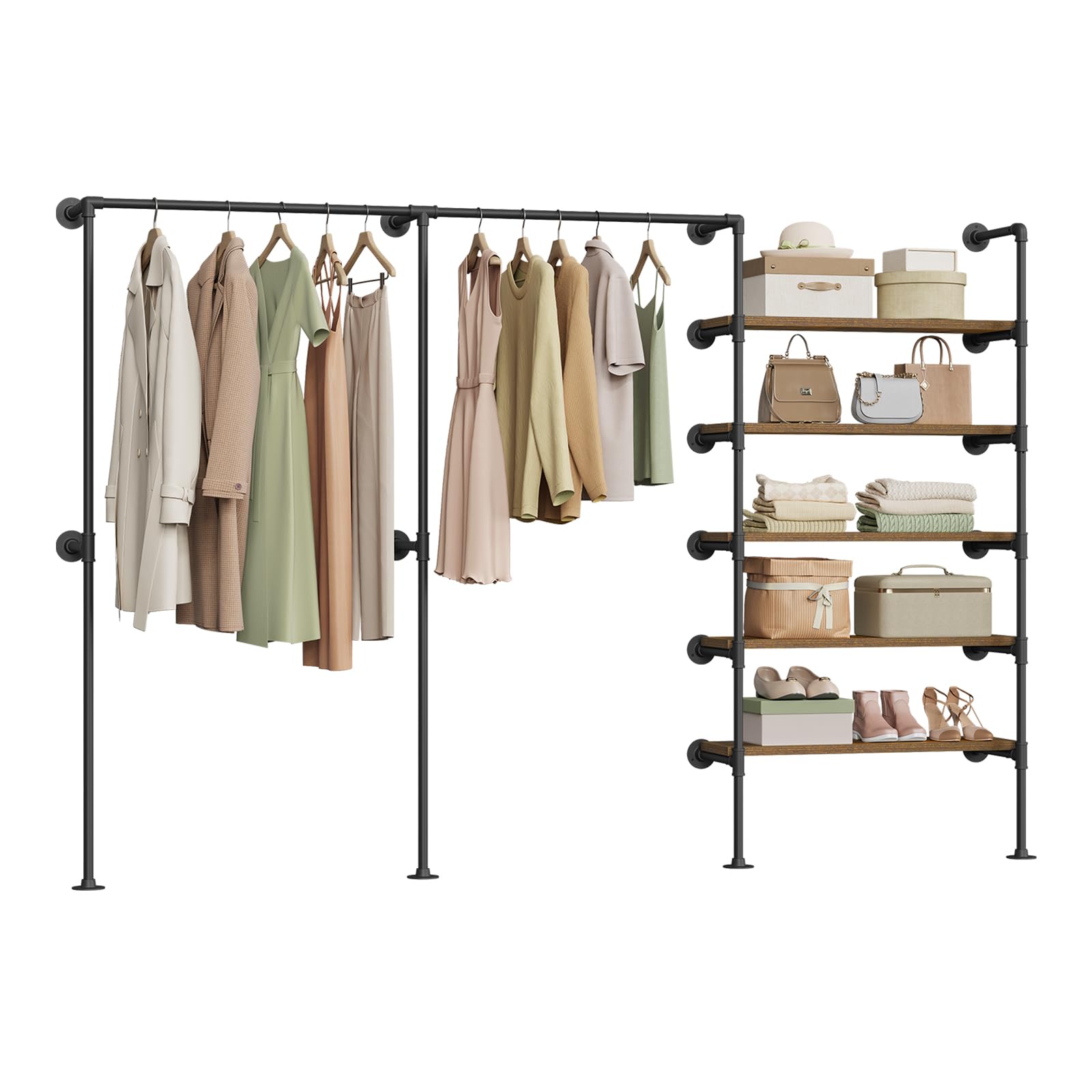 WOLTU Appendiabiti da Parete, Attaccapanni da Muro Metallico con Design Aperto, Appendiabiti con 5 Ripiani in Legno, 2 Aste, Stile Vintage, Nero + Marrone Rustico