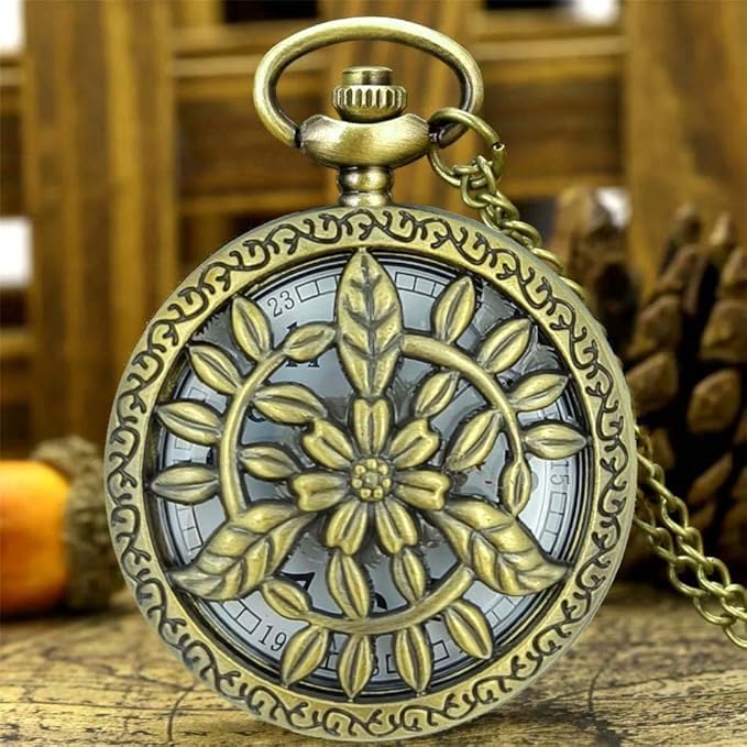 Image of AUGEN Premium Pocket Watch Metal Keychain Flower 4 Retro Vintage for Gifting With Key Ring Anti-Rust (Pack Of 1)