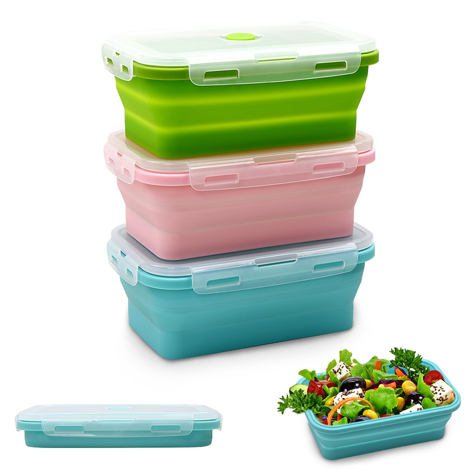 Alimat PluS Silicone Collapsible Food Storage Containers With Lids 3PCS, Collapsible Bowls with Lids, 16.9oz Collapsible Bowls for Camping and Kitchen