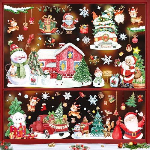 Autocollants Fenêtre Noël 163 Pièces - Grands Motifs (père Noël, Arbre, élan) Réutilisables, Statiques, Blancs