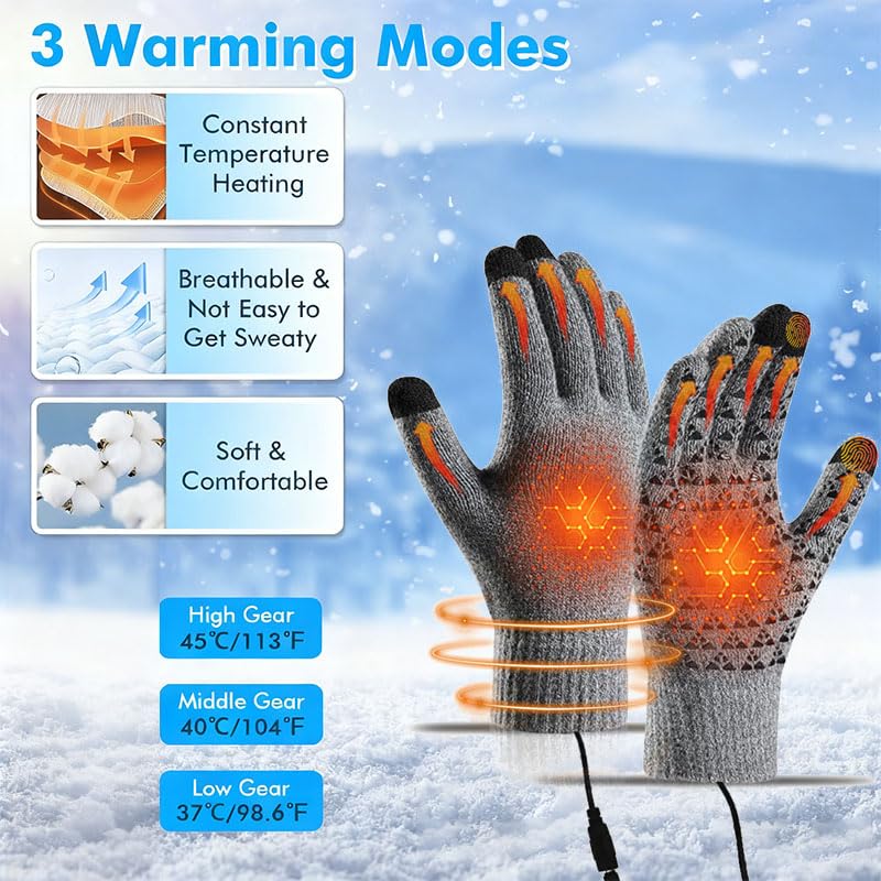 DVONE Winter Beheizbare Handschuhe für Herren Damen, USB Touchscreen Handschuhe mit 3-Stufige Temperaturregelung und Rutschfestes Design, für...