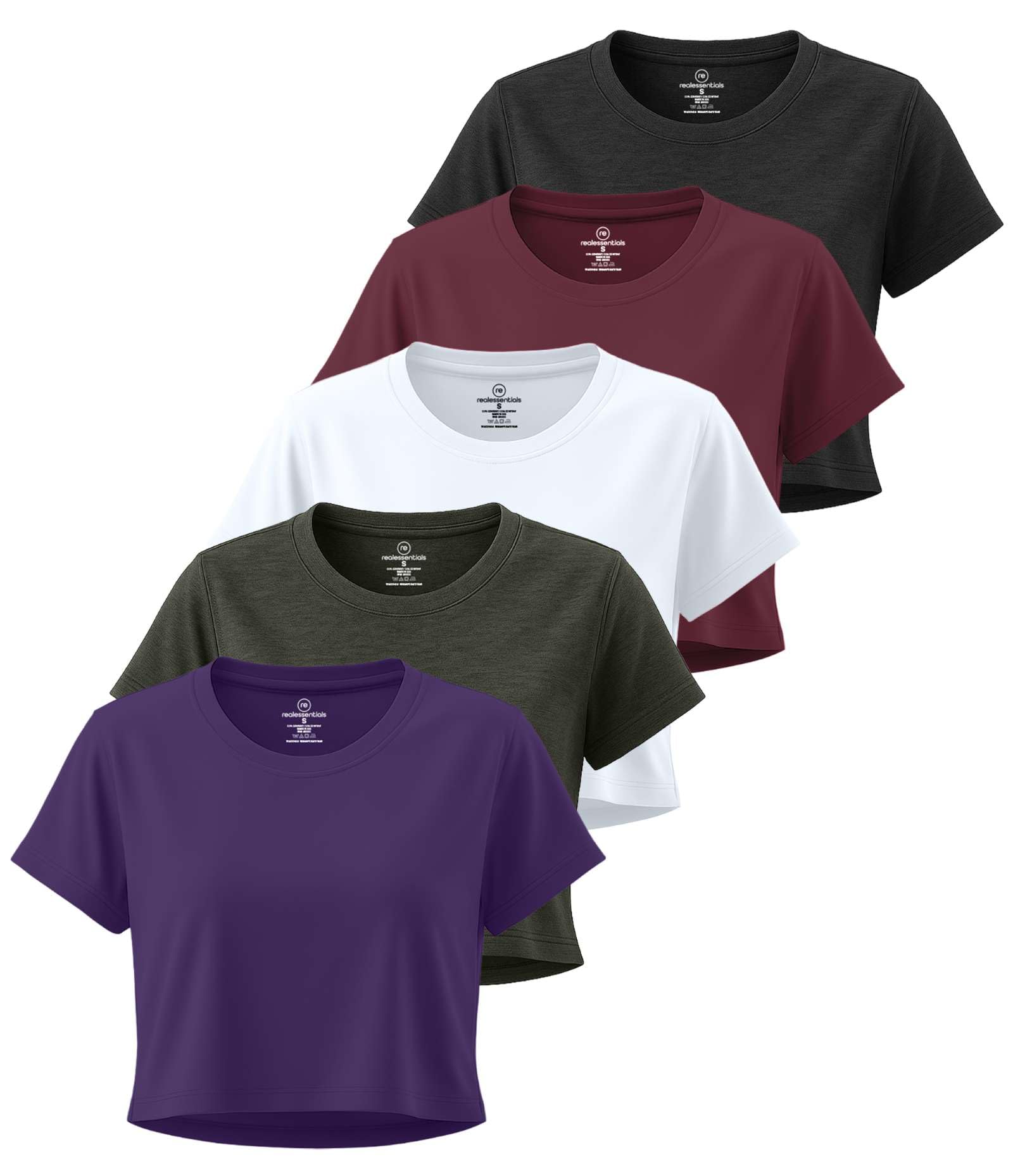 Real Essentials Lot de 5 : Haut court de sport manches courtes à séchage rapide pour femme, pour l’entraînement et le gym (disponible en grande taille), Lot 5, Taille M