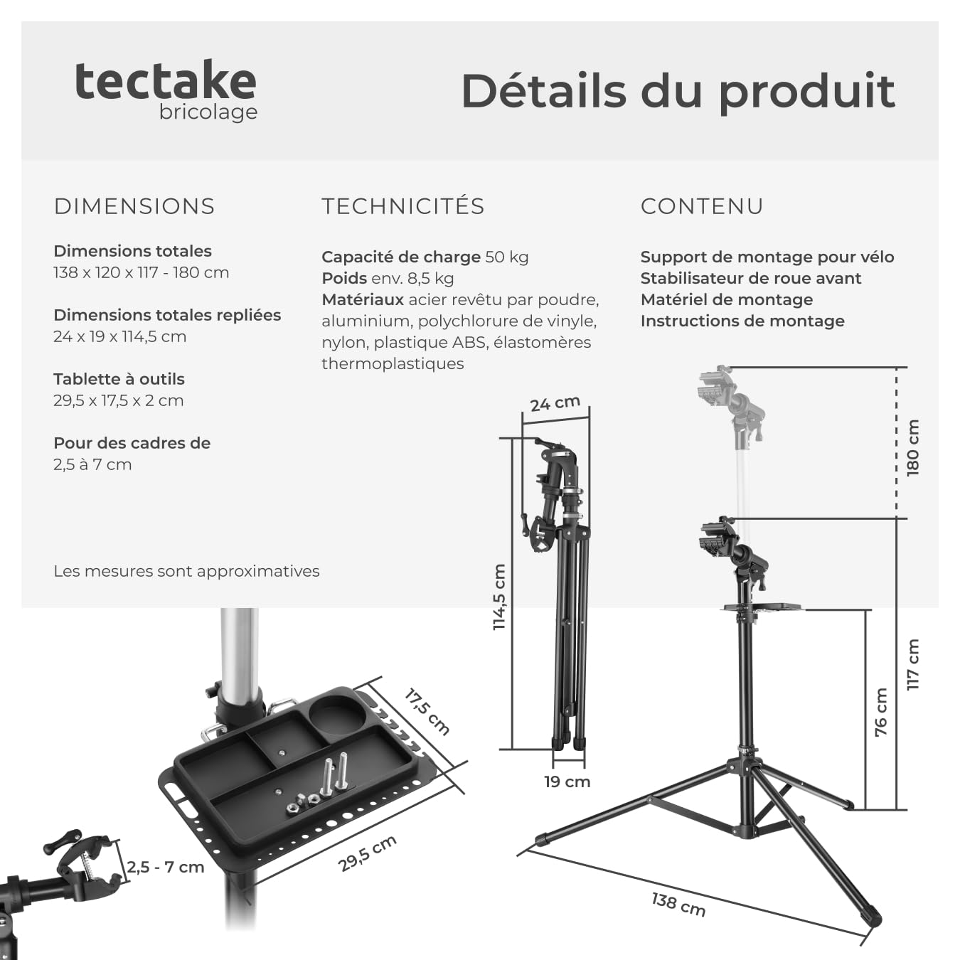 tectake® Support Velo Pieds d'atelier Charge 50 kg Support Vélo, Montage Entretien Reparation VTT Vélo electrique Velo de course Réglable Pliable - 138x120x117-180 cm