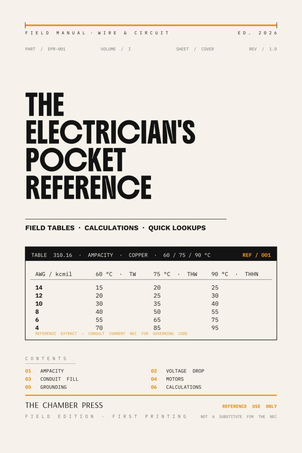The Electrician's Pocket Reference: Field Tables, Calculations, and Quick Lookups: A Compact Wire and Circuit Field Manual for the Working Electrician ... Book with Ampacity and Voltage Drop Formulas