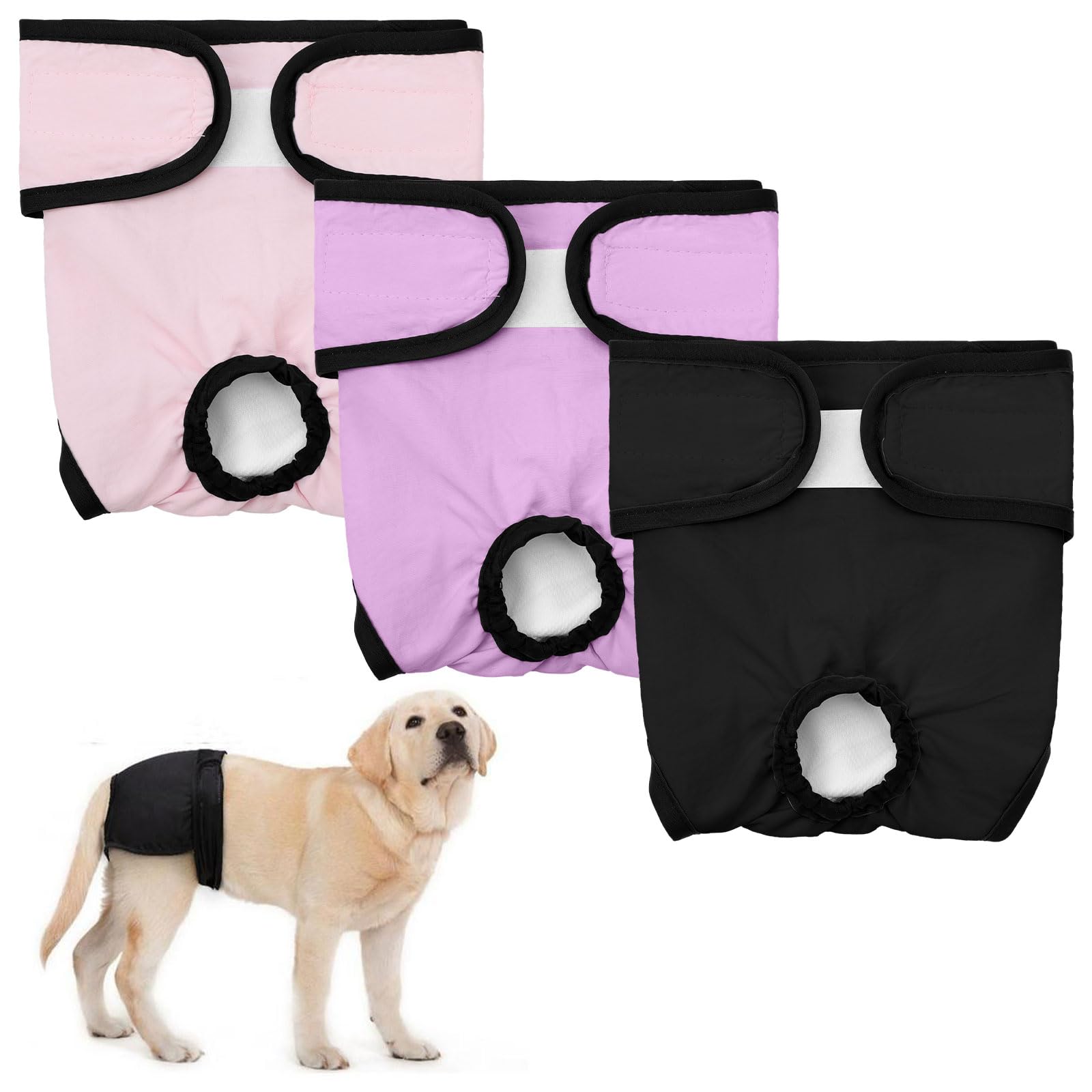 InfiniZer 3 Pack Dog Nappies Female Washable Leak-Proof Dog Period Pants Super Absorbent Reusable Sanitary Pads For Pets Incontinence Heat Season Puppy Training (Black,Pink,Purple, XS, count, 3)