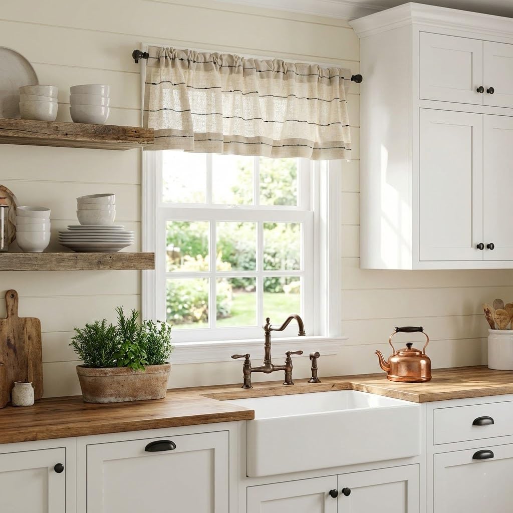 Piper Classics Farmcloth Stripe Valance Curtain, 16" L x 72" W, Rustic Farmhouse Style, Natural Cream Woven w/Black Stripes