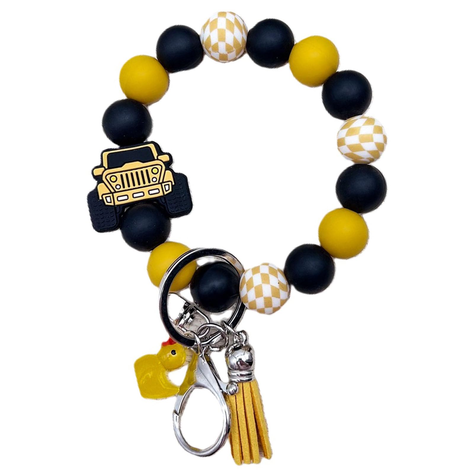 Phamines Bracelet Keyring Portable Keys Ring Holder Bangle Car Silicone Bead Cute Duck Tassel Charm Wrist Wristlet Keychain, Yellow Car, One Size