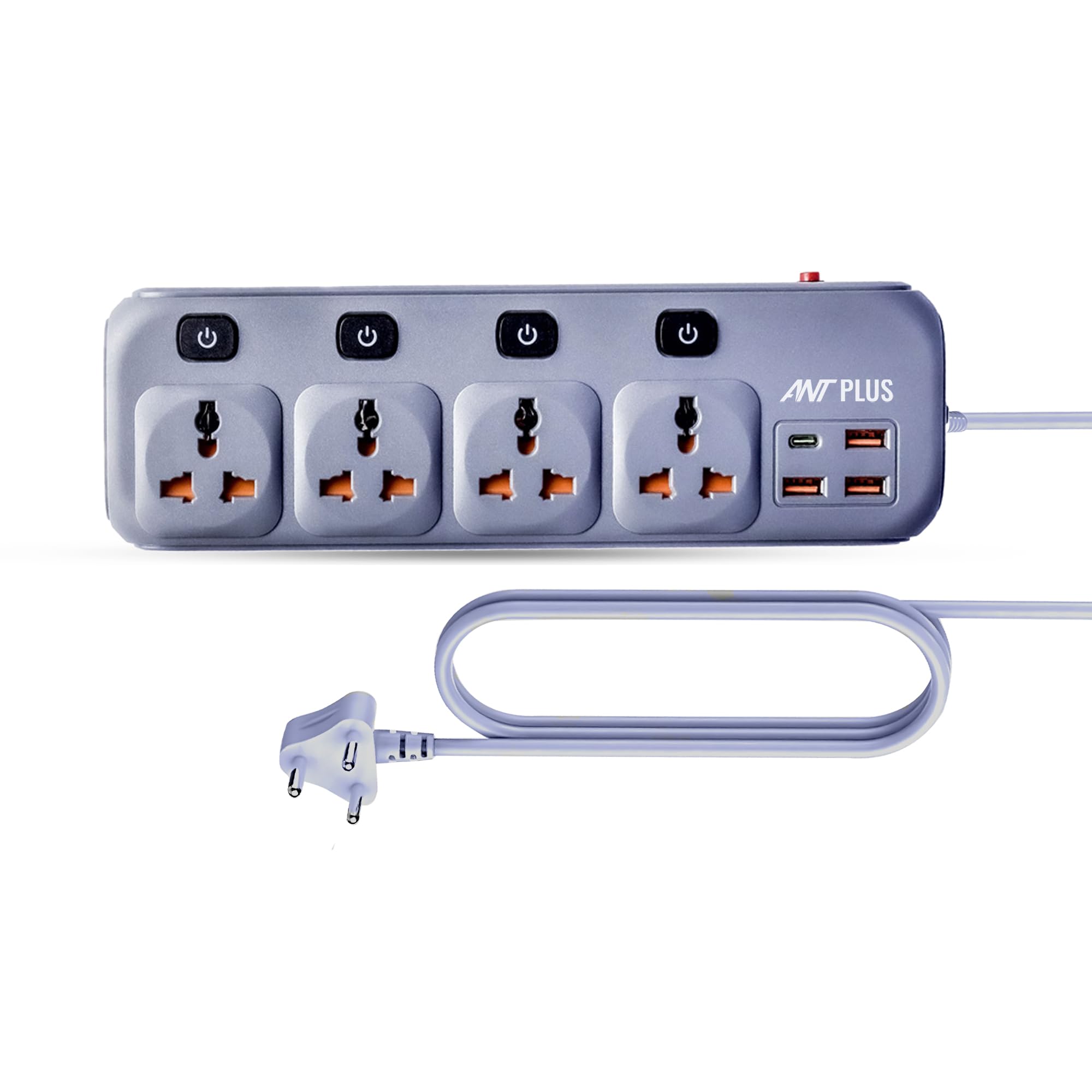 Electric PS431 Power Strip Individual Power Switch,10ft Universal Extension Cord 4 AC Outlets 3USB 1Type C PD Port, Max 2500W, 220-250v, Multiple Outlet Extender for Home Office Store_ Grey