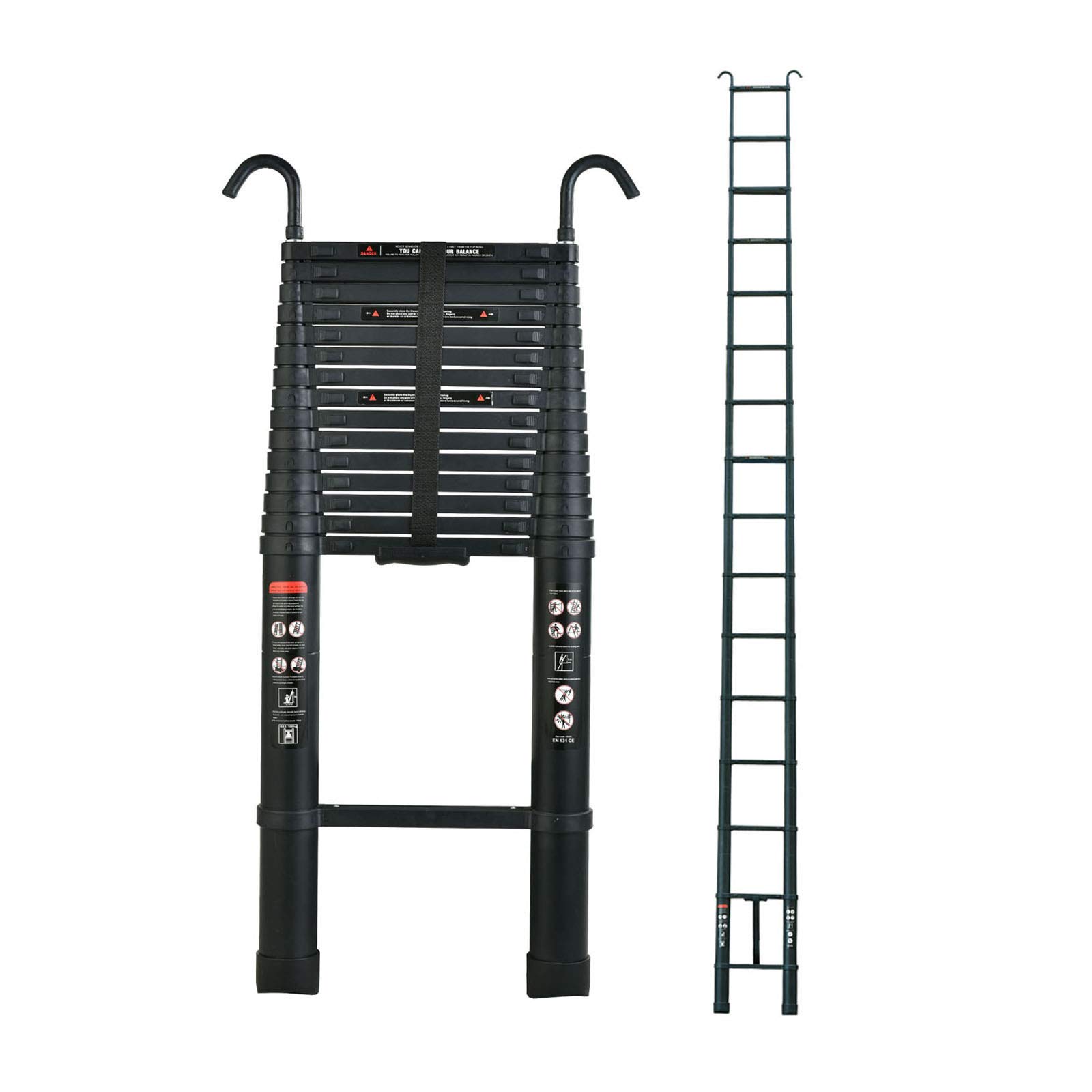 6.2m Telescopic Ladder Extendable Ladder Aluminum Ladder with Detachable Hook Non-Slip Portable Folding Ladder 150kg Max Load Black