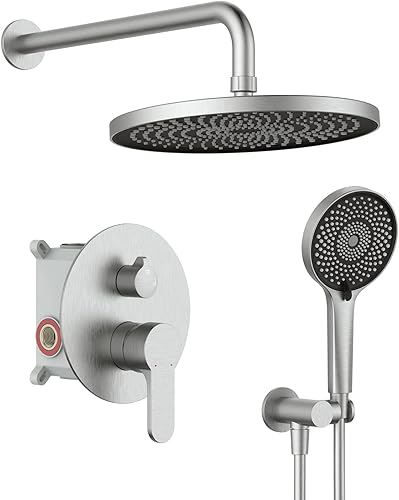 GIVINGTREE Sistema de ducha de lluvia con caudal de 18 GPM cabezal de ducha redondo de lluvia de 10 pulgadas con aerosol de mano juego de grifo de