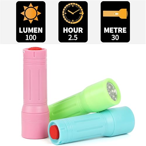 Miniatura 4 de Hilngav Paquete de 6 mini linternas LED de 9 LED, pequeñas linternas multicolor para niños con cordón, 18 pilas AAA incluidas, para suministros de