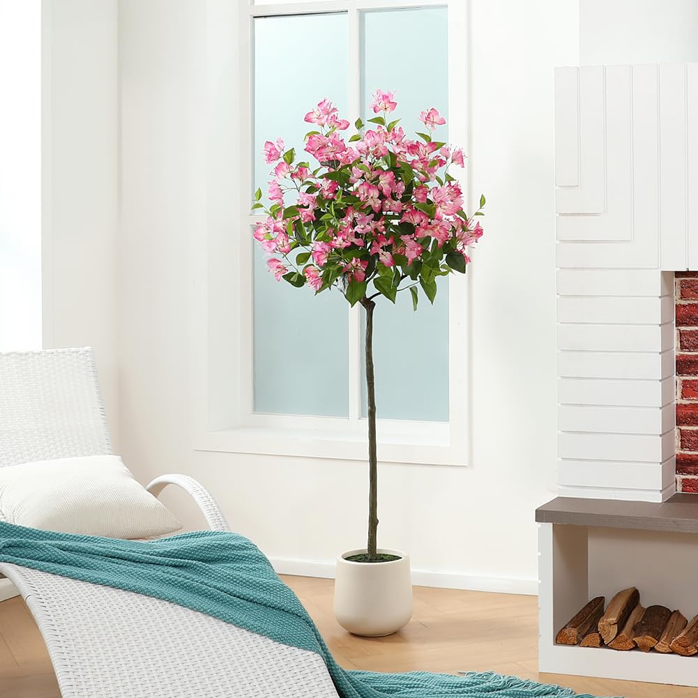 VeriNatural Artificial Flowers for Indoors with Planter, 5ft Artificial Bougainvillea Plant with Pink Faux Silk Flowers,Fake Flowers for Front Porch Patio Garden Wedding Decor