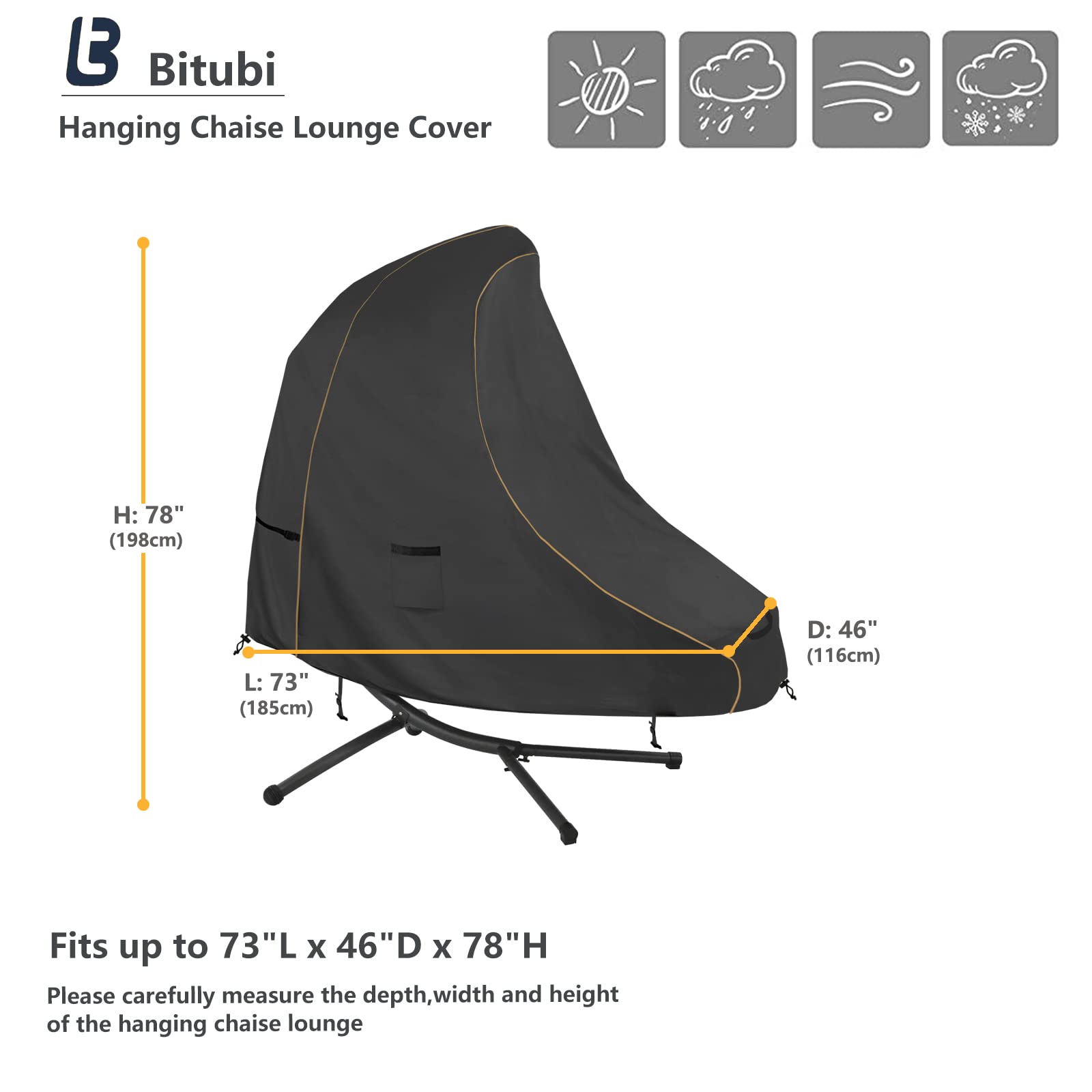 Bitubi 73 Inch Patio Hanging Chaise Lounge Cover - Classic Black 600D Tough Canvas Heavy Duty Waterproof Outdoor Curved Steel Hammock Chaise Lounge Chair Swing Cover