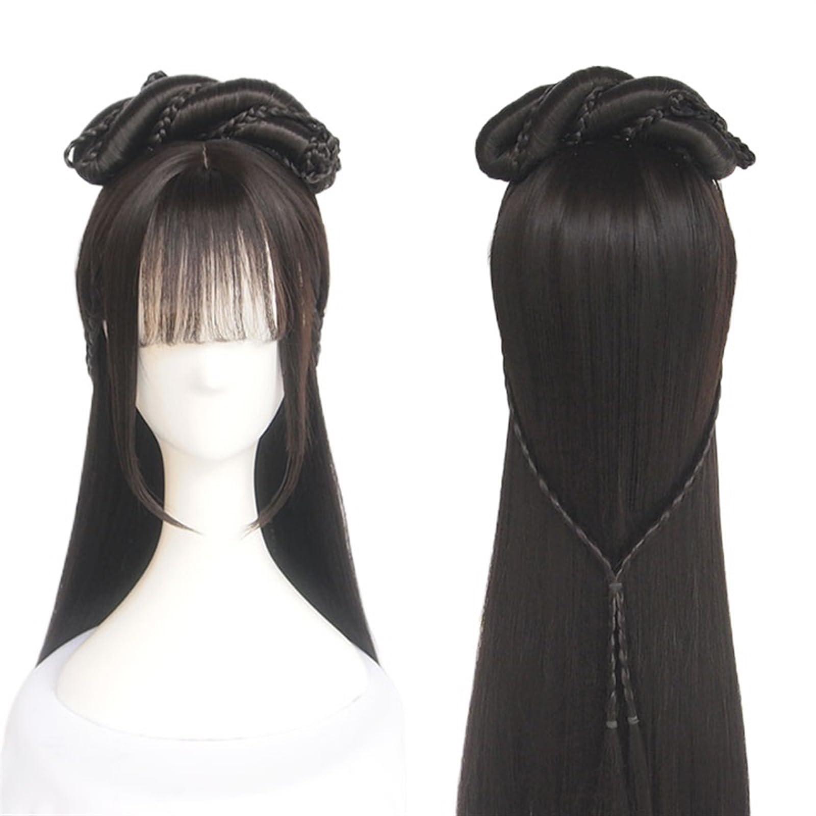 Vintage-Perücke Im Chinesischen Hanfu-Stil – Schwarz, Einstellbare Größe, Für Cosplay, Kostüme & Mottopartys