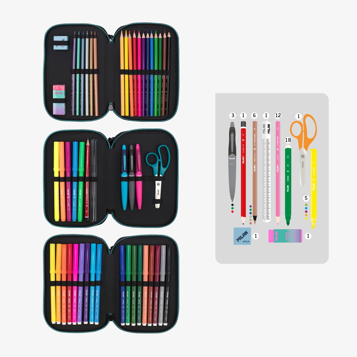 Milan® 3-Tier Pencil Case with Sunset Content, Pink, 19.5 x 13 x 7.5 cm - Image 3