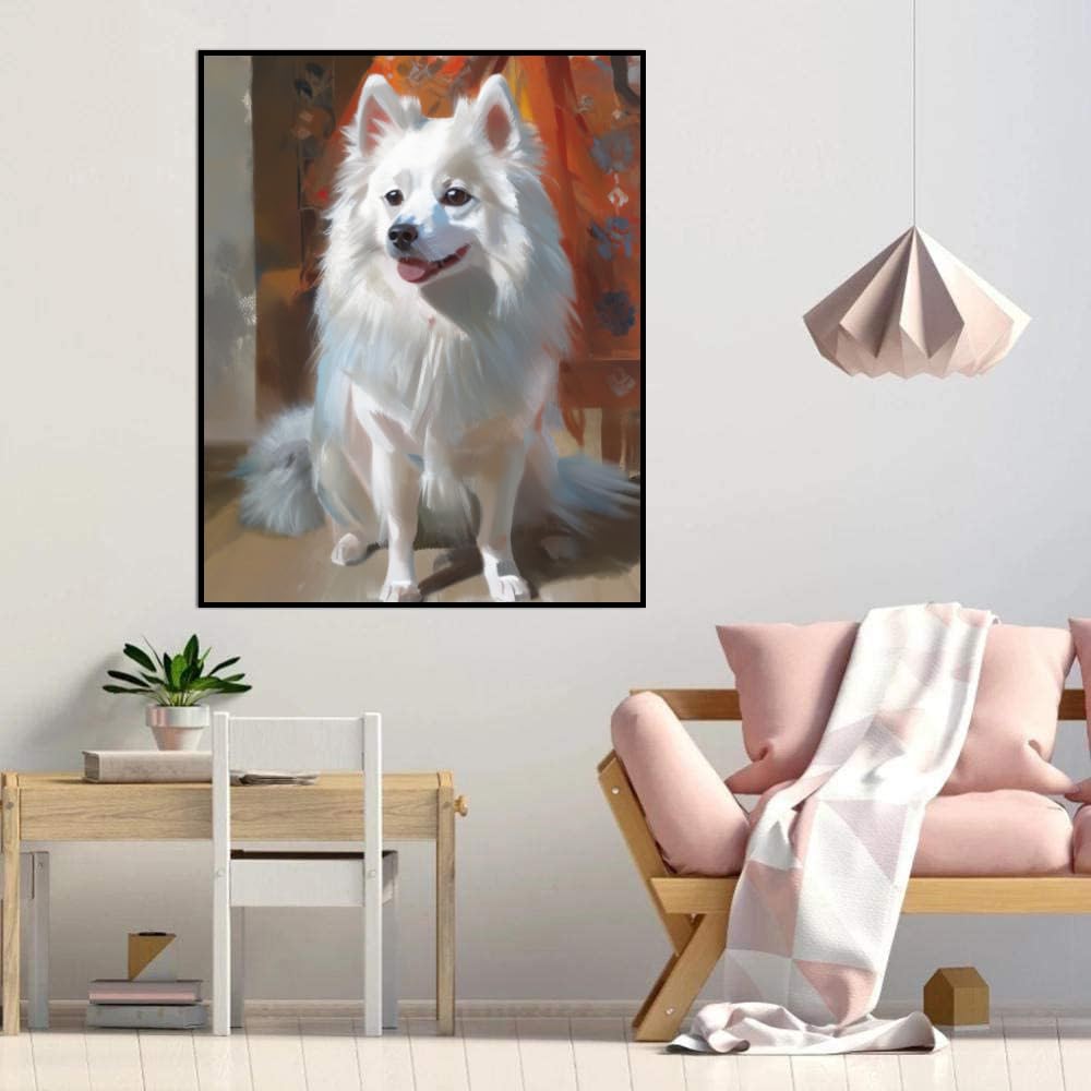 Paint by Numbers American Eskimo Dog DIY Acrylic Painting Kit with Brushes Pigment Oil Painting Artwork Adults Beginners Wall Decor 16x20inch(40x50cm) Frameless