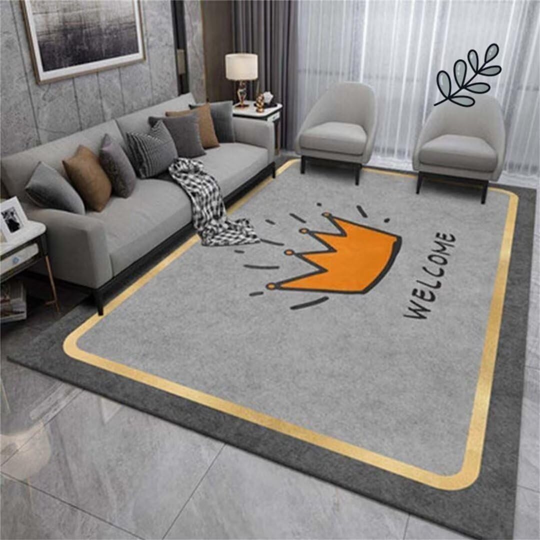 Tapis salon gris 200x300 cm motif couronne lavable pour grande pièce