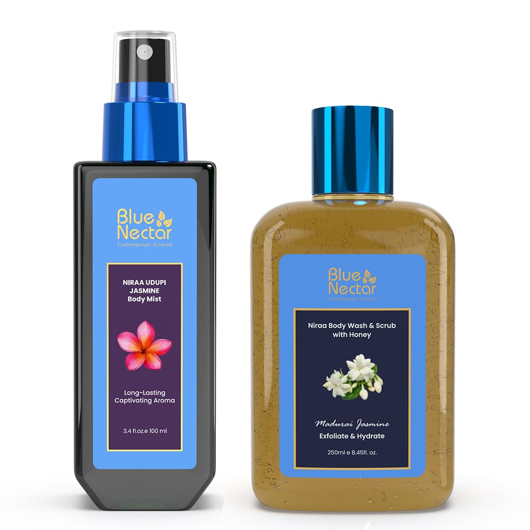 Blue Nectar Spa Ritual Bundle: Exfoliating Body Wash & Jasmine Mist for Skin Renewal and Relaxation