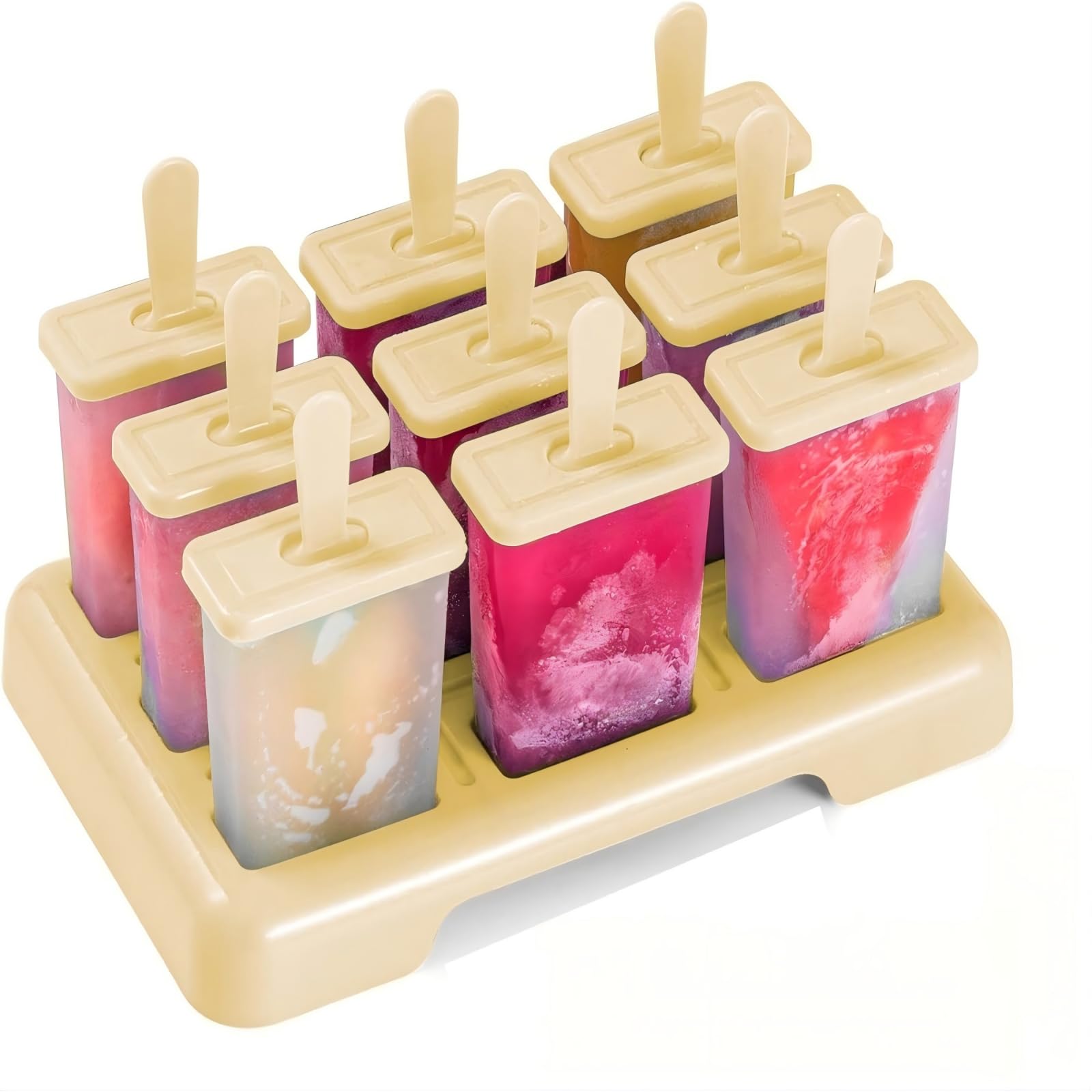Ice Lolly Moulds 9 Popsicle Molds Reusable Food Grade BPA-Free Ice Pop Moulds, DIY Ideas Ice Lolly Moulds Comes with a Cleaning Brush and Silicone Folding Funnel (Light Yellow)