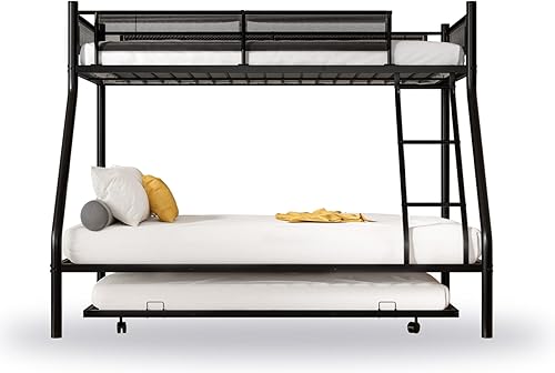 Miniatura 8 de Dolonm Litera individual sobre matrimonial con nido litera de metal con red de seguridad de textileno y barandilla marco de cama resistente para