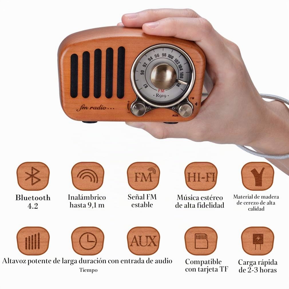 Qoosea Radio Portátil Altavoces Bluetooth Hecho a Mano Retro Estéreo de Madera Bluetooth 4.2 Mini Altavoz con Subwoofer Súper Bajo con Radio FM Conector de Entrada de Audio de 3,5 mm