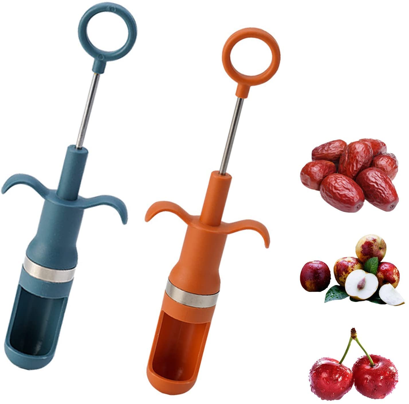 2 Pcs Dates Seeds Remover, Cherry Pitter, Portable Fruit Pitter, Jujube Cherry Corer Remover Seed Tool, Multi-Function Fruit Corer for Home Kitchen (Assorted Color Design)